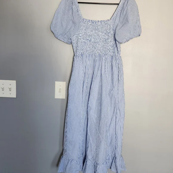 J Crew Midi Puff Sleeve White And Blue Striped Dress - Picture 8 of 11